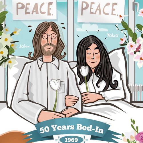 Drawing of John Lennon and Yoko Ono during their 1969 peace Bed-In.