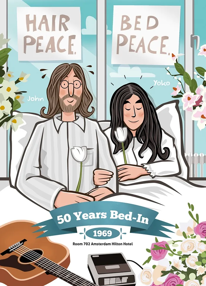 Drawing of John Lennon and Yoko Ono during their 1969 peace Bed-In.