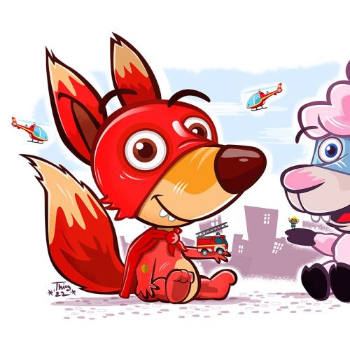 Cartoon fox and pink sheep sitting on ground with city background