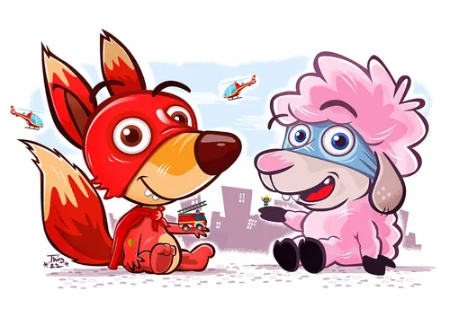 Cartoon fox and pink sheep sitting on ground with city background