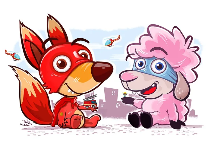 Cartoon fox and pink sheep sitting on ground with city background