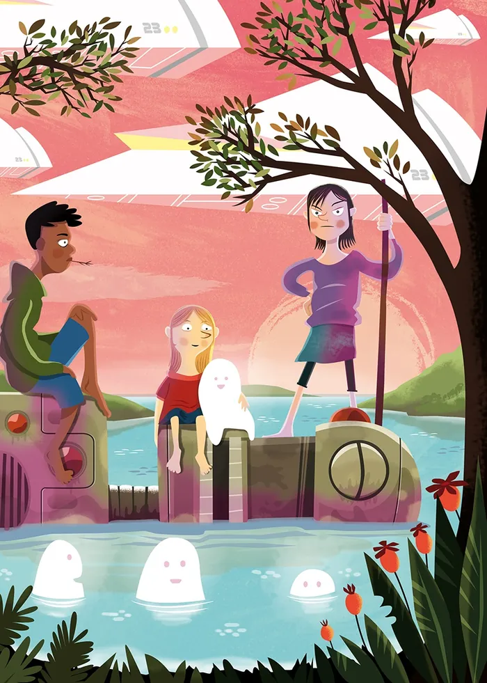 Three people on boat with ghost-like figures near water and trees