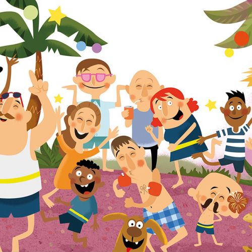 Colorful beach party with people dancing and playing music under palm trees