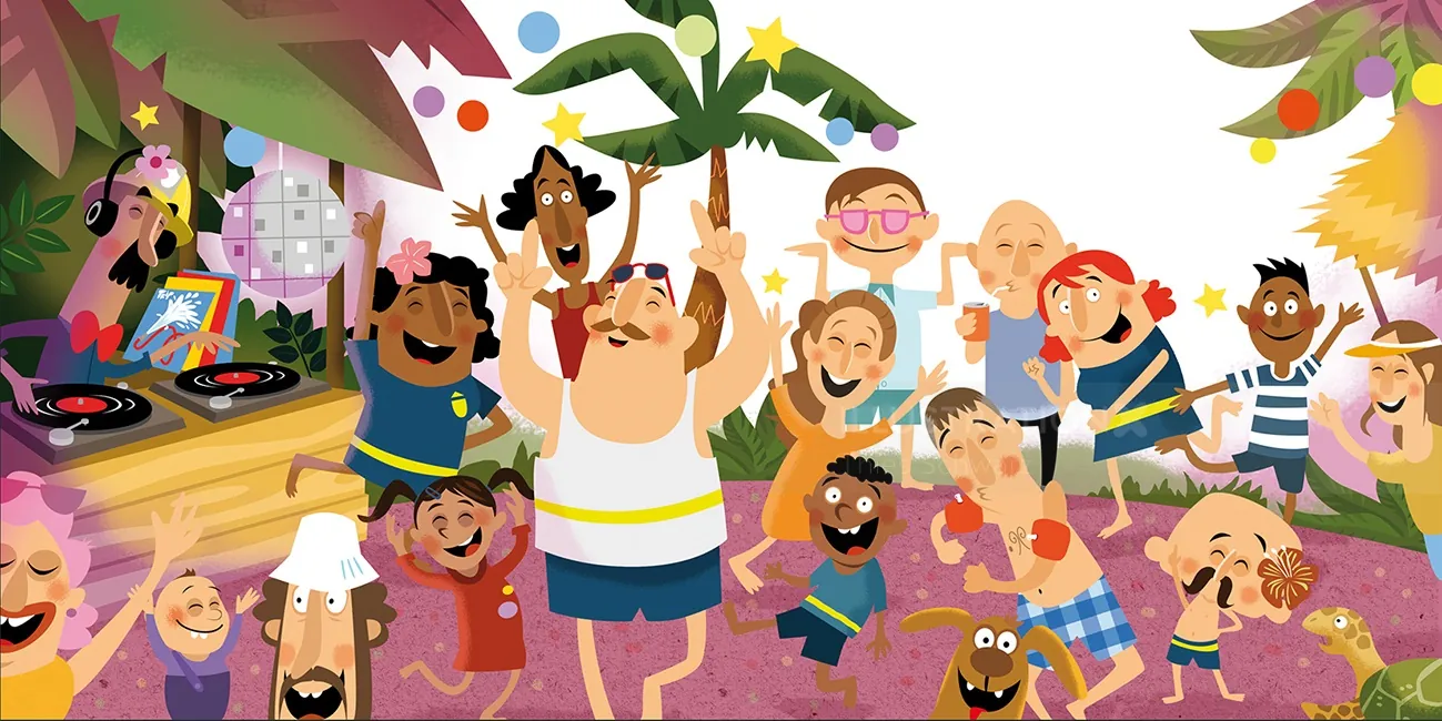 Colorful beach party with people dancing and playing music under palm trees