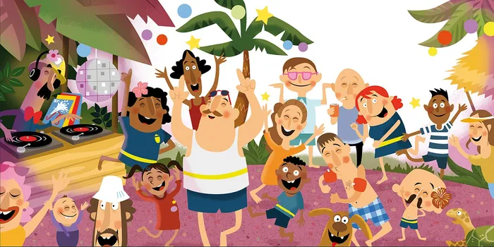Colorful beach party with people dancing and playing music under palm trees
