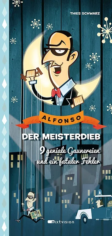 Cartoon of Alfonso smoking a cigar with cityscape and moon background