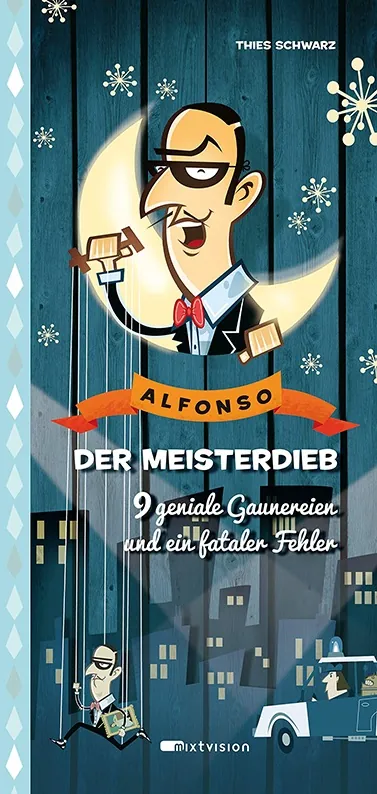 Cartoon of Alfonso smoking a cigar with cityscape and moon background