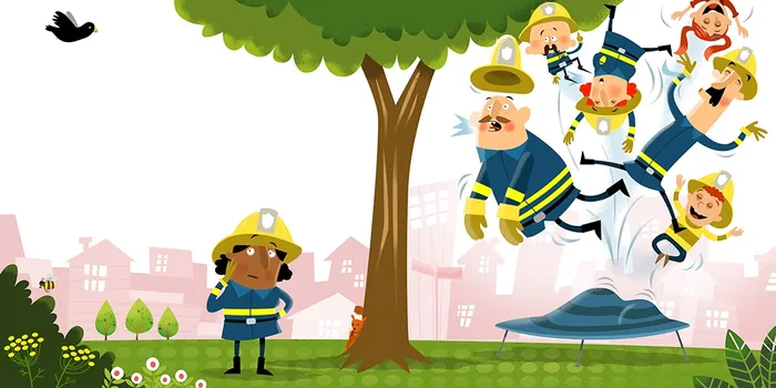 Firefighters descend from a tree on a rope in cartoon style