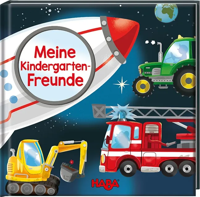 Rocket, tractor, and fire truck illustration on children's book cover