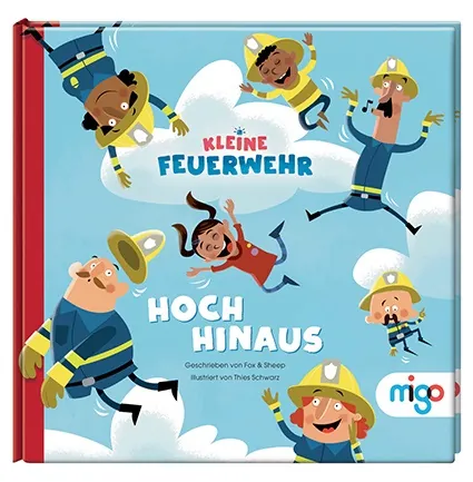 Firefighters and girl flying in sky on children's book cover