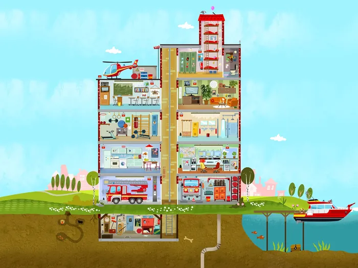 Fire station cutaway with fire trucks, helicopter, firefighters, and equipment