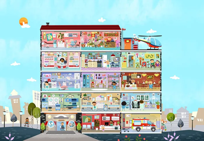 Cross-section of hospital showing different medical rooms and staff inside