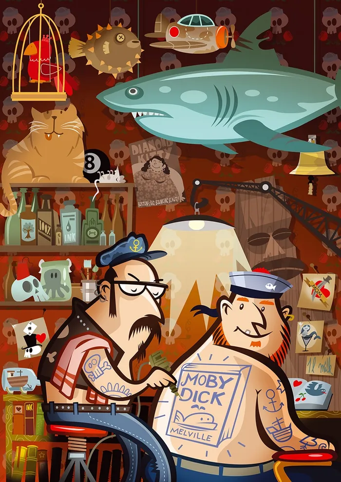 Two cartoon sailors showing Moby Dick tattoos in pirate-themed room