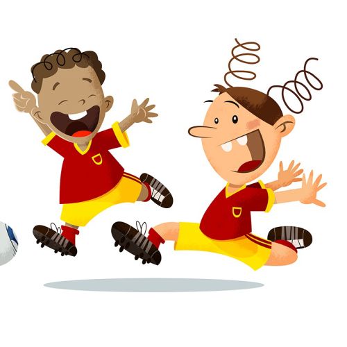 Two kids in red soccer uniforms kicking a ball joyfully