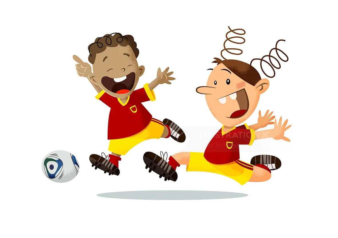 Two kids in red soccer uniforms kicking a ball joyfully