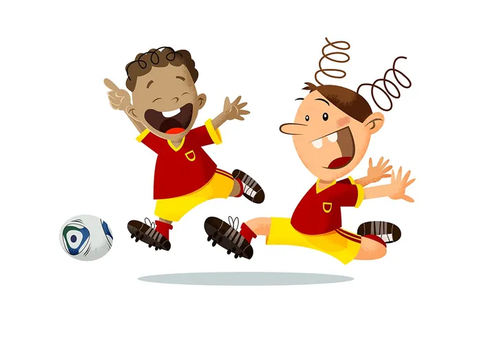 Two kids in red soccer uniforms kicking a ball joyfully