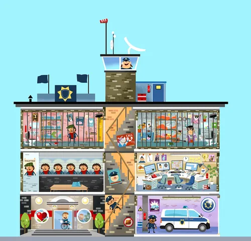 Cutaway view of police station with cells, office, emergency room, and personnel