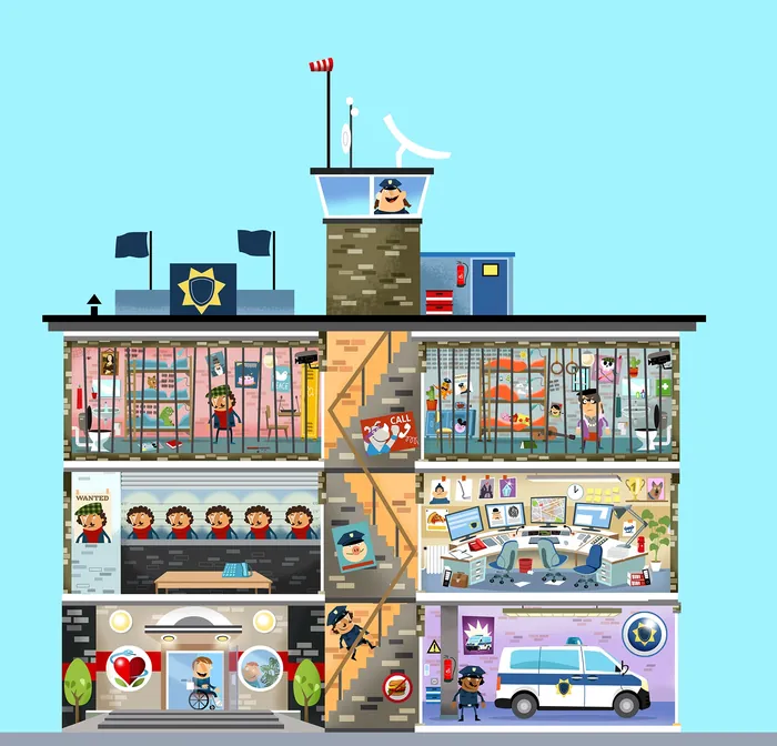 Cutaway view of police station with cells, office, emergency room, and personnel