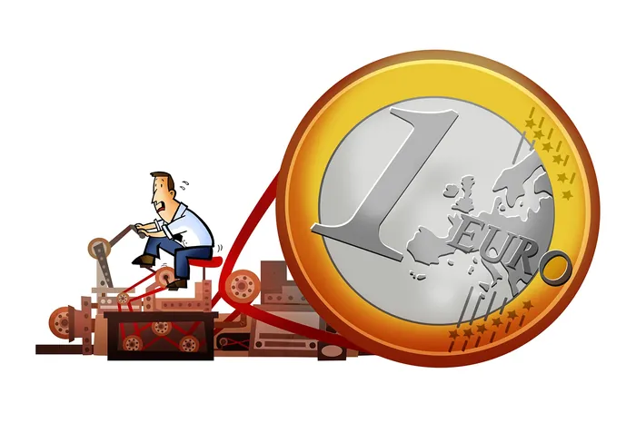 Person pedals machine moving a big one euro coin