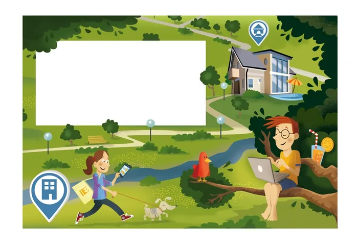 Kids using laptop and phone outdoors near pond and house