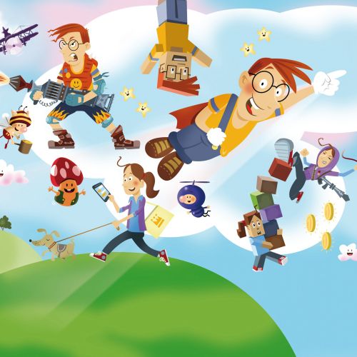 Cartoon characters flying, fighting, and working outdoors in colorful scene
