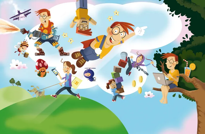 Cartoon characters flying, fighting, and working outdoors in colorful scene