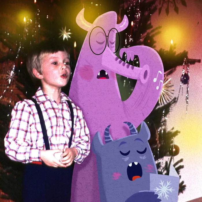 Child singing by decorated Christmas tree with purple elephant and monster illustrations.
