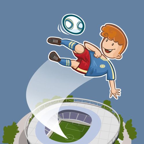 Cartoon boy doing bicycle kick with soccer ball over stadium