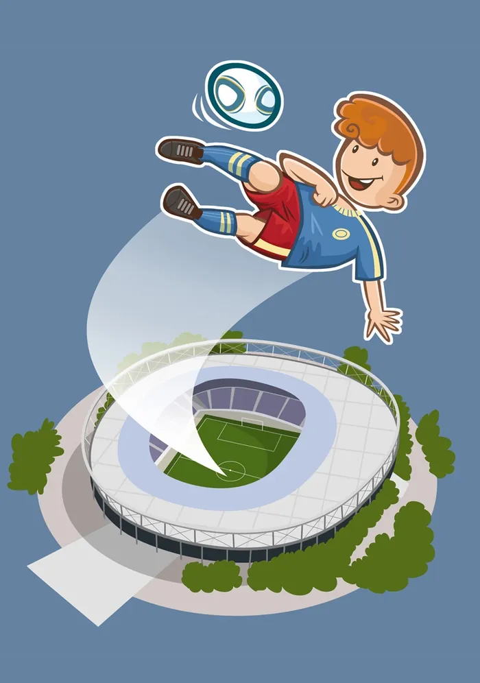 Cartoon boy doing bicycle kick with soccer ball over stadium