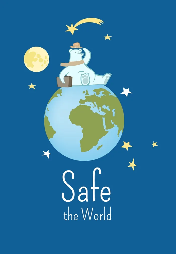 Illustration of polar bear on Earth with stars and moon Safe the World