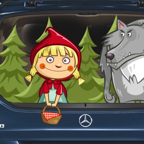 Little Red Riding Hood and wolf standing in forest behind car trunk