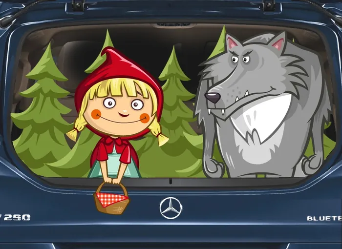 Little Red Riding Hood and wolf standing in forest behind car trunk