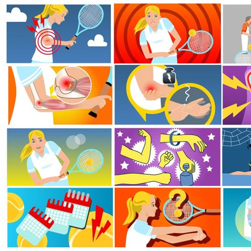 Tennis players experiencing different arm injuries and treatments illustrations