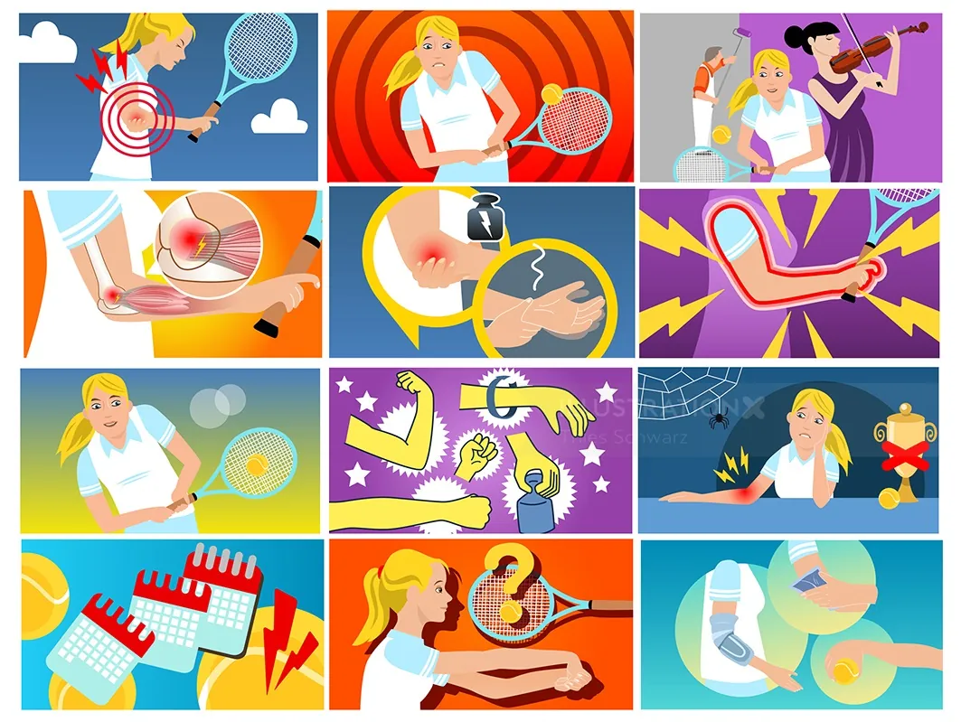 Tennis players experiencing different arm injuries and treatments illustrations