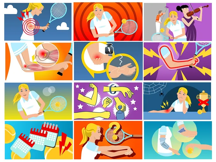 Tennis players experiencing different arm injuries and treatments illustrations