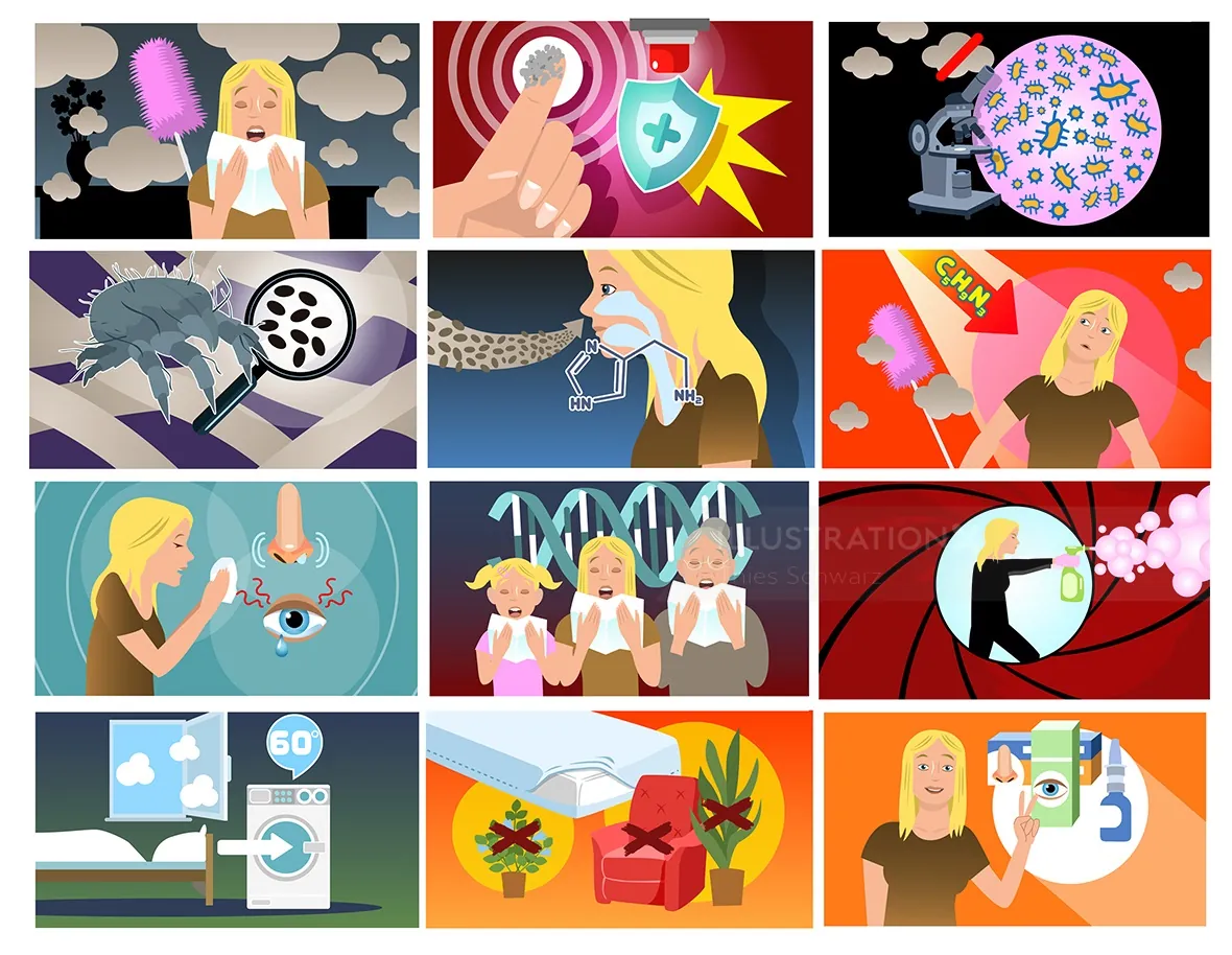 Cartoon illustrations of allergy symptoms, testing, and treatments
