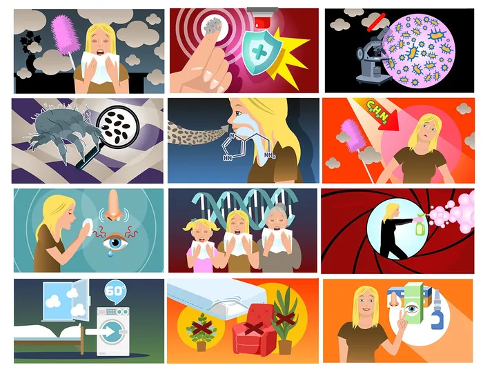 Cartoon illustrations of allergy symptoms, testing, and treatments