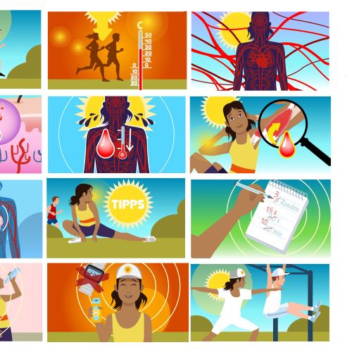 Illustrations of heart health, exercise, medical examination, and advice