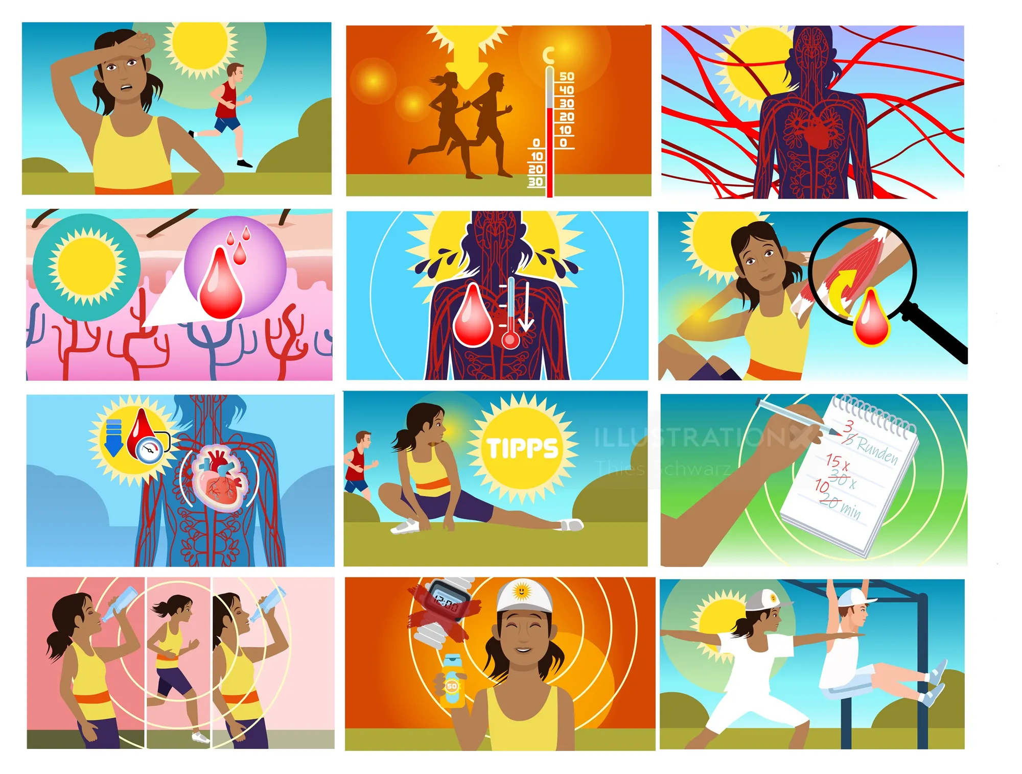 Illustrations of heart health, exercise, medical examination, and advice