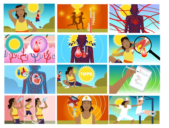 Illustrations of heart health, exercise, medical examination, and advice