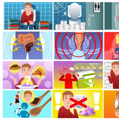 Cartoon images depicting stomach pain causes and remedies.