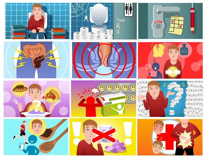 Cartoon images depicting stomach pain causes and remedies.
