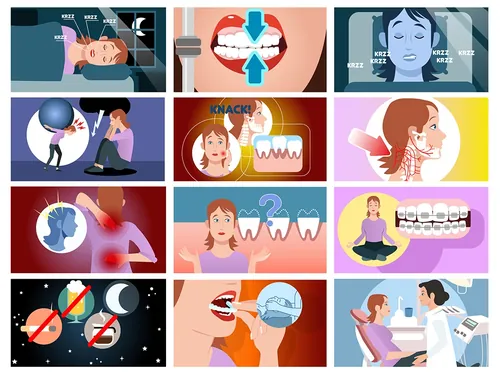 Various cartoon images depicting dental problems and oral care steps.