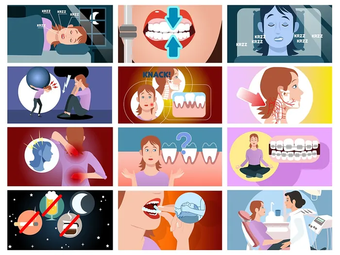 Various cartoon images depicting dental problems and oral care steps.