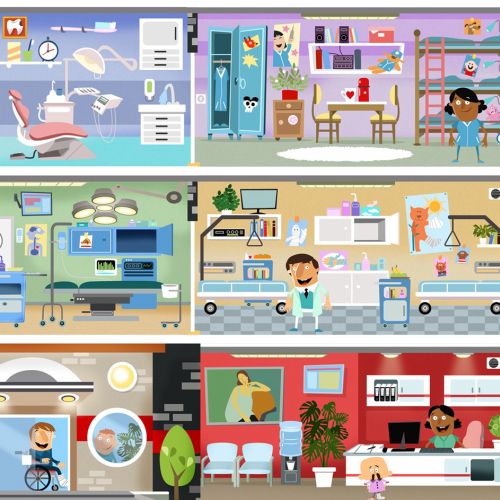 Illustration of various medical and dental clinic rooms with patients and staff