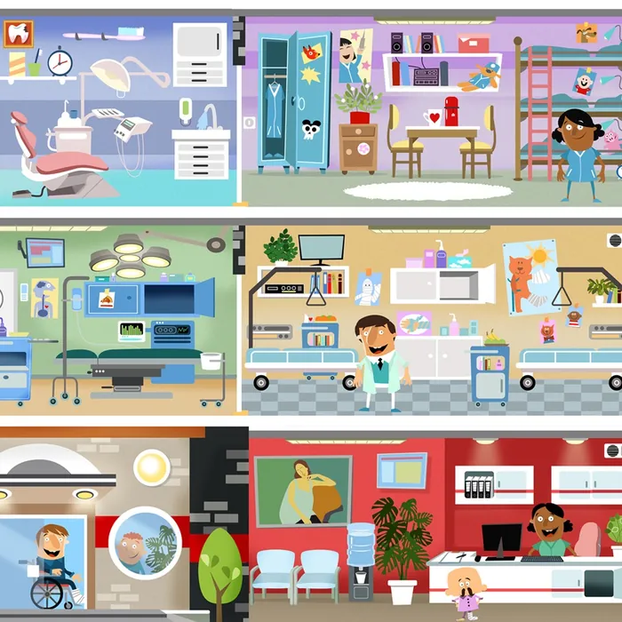 Illustration of various medical and dental clinic rooms with patients and staff
