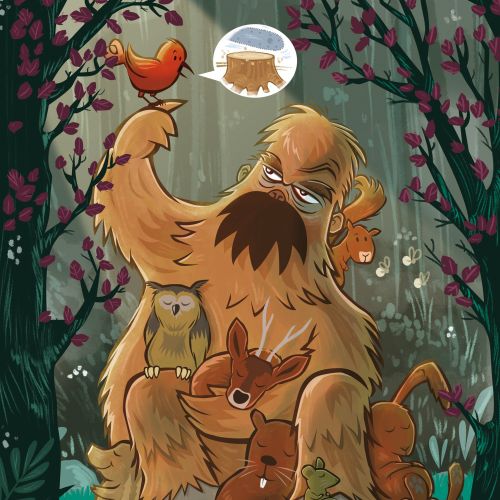 Large friendly forest creature with small animals and a bird thinking of stump