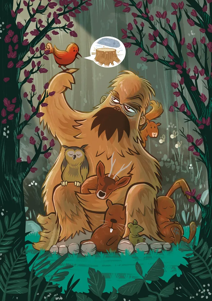 Large friendly forest creature with small animals and a bird thinking of stump