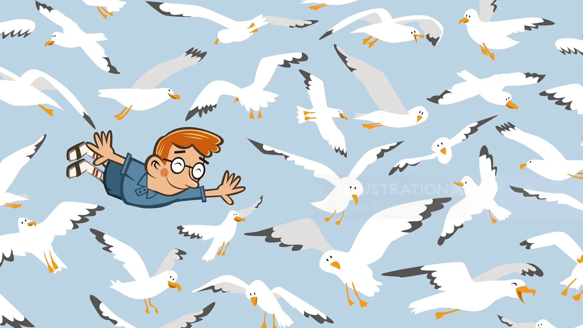 Cartoon boy flying surrounded by many seagulls in blue sky