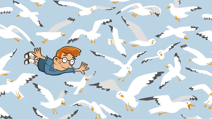 Cartoon boy flying surrounded by many seagulls in blue sky